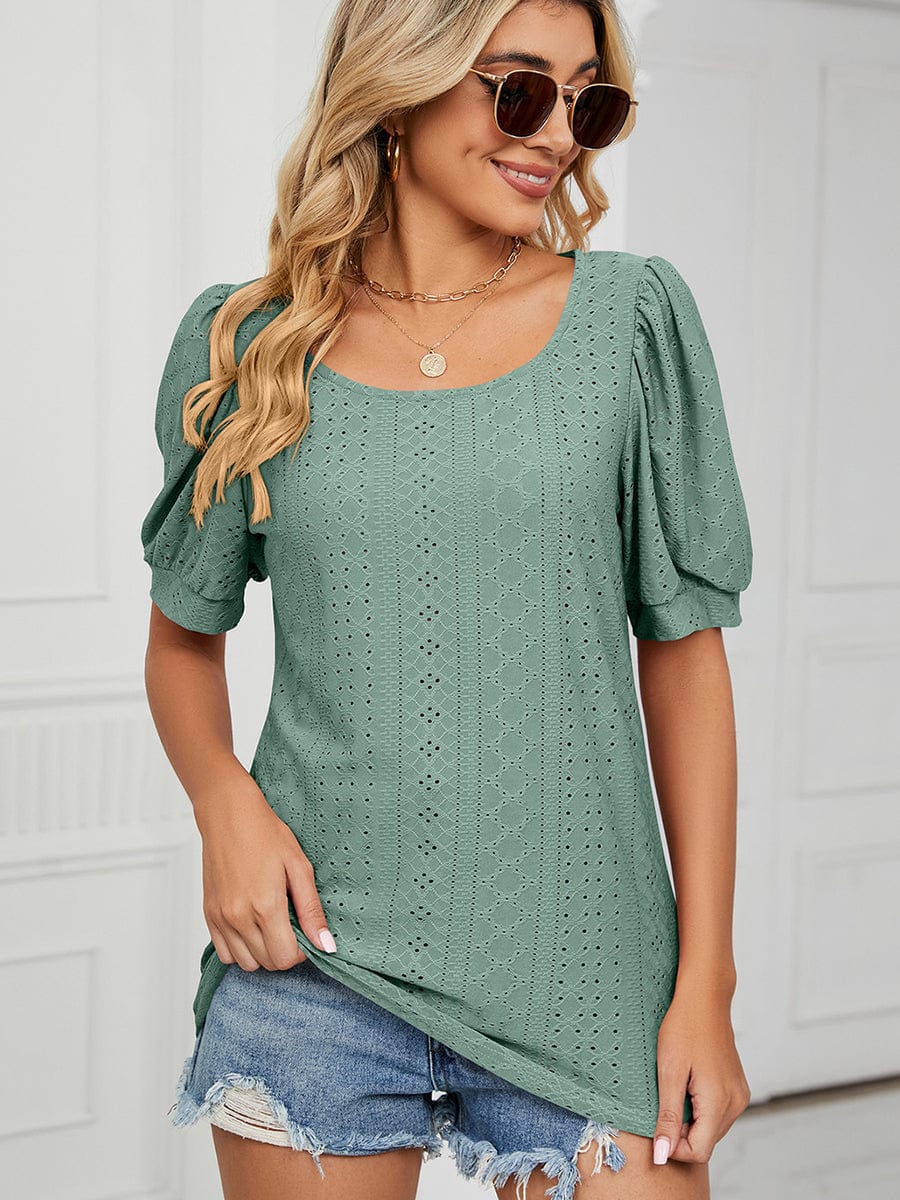 Casual Round Neck Solid Color Hollow Loose T-Shirt