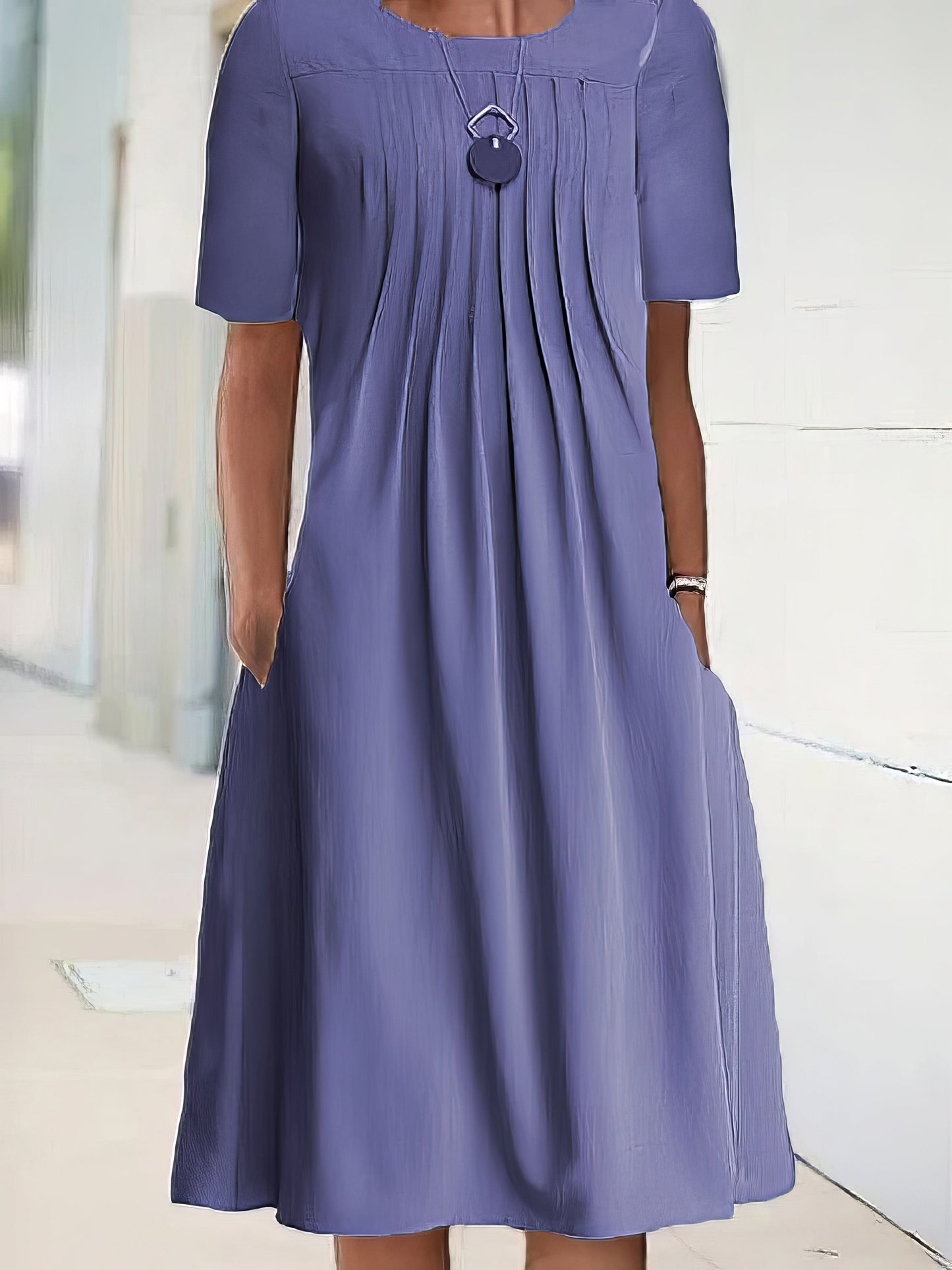 Casual Shift Short Sleeve Pure Color Loose Fit Midi Dress