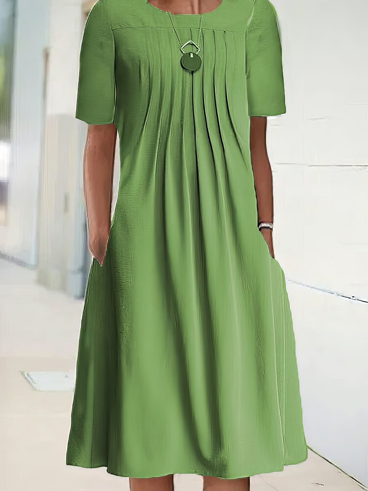 Casual Shift Short Sleeve Pure Color Loose Fit Midi Dress