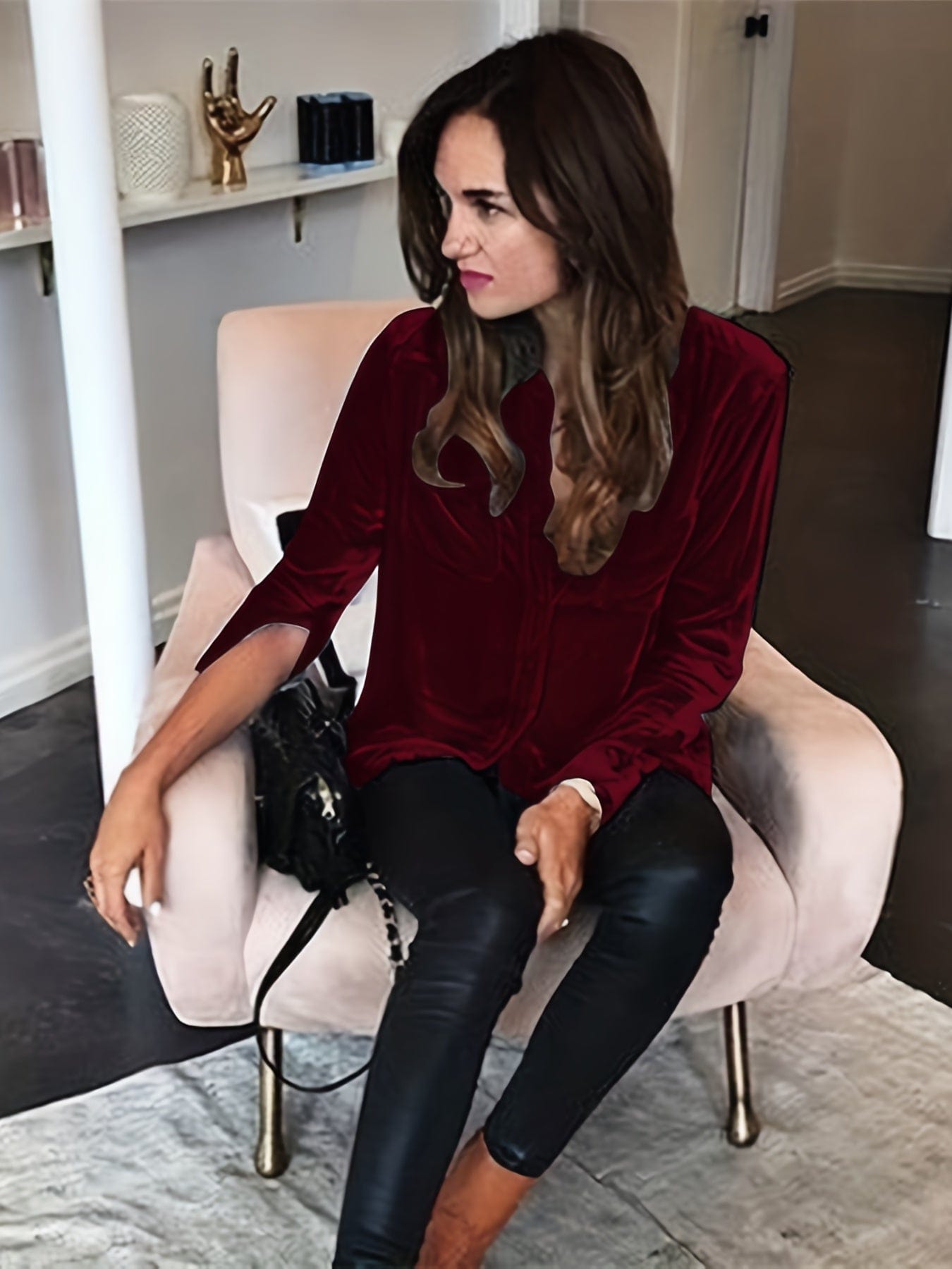 Casual Solid Velour Dual Pocket Lapel Long Sleeve Blouse