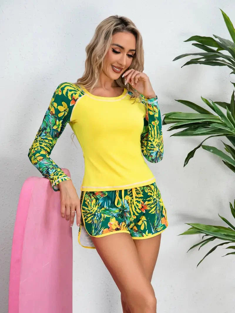 Casual Sports Sets with Tropical Leaf and Flower Print, Women's Athletic Wear