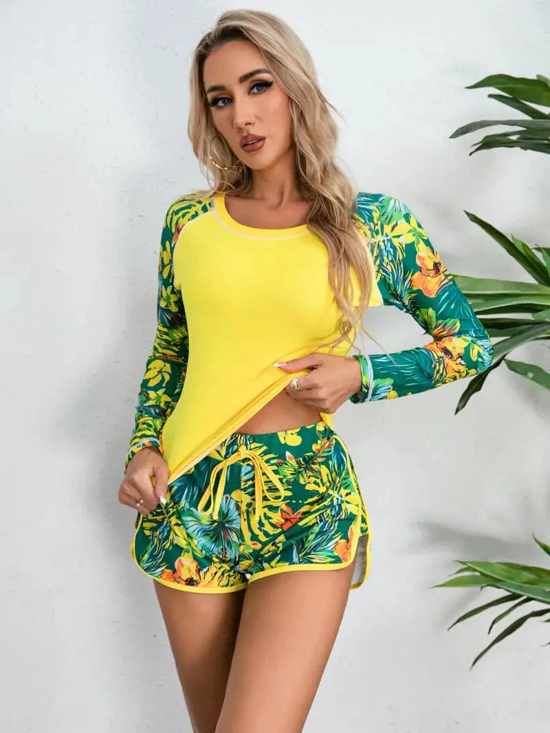 Casual Sports Sets with Tropical Leaf and Flower Print, Women's Athletic Wear