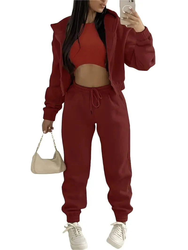Casual Three-piece Matching Set with Hooded Zip-Up Jacket, Sleeveless Tank Top, and Elastic Waist Jogger Pants - Women's Fashion