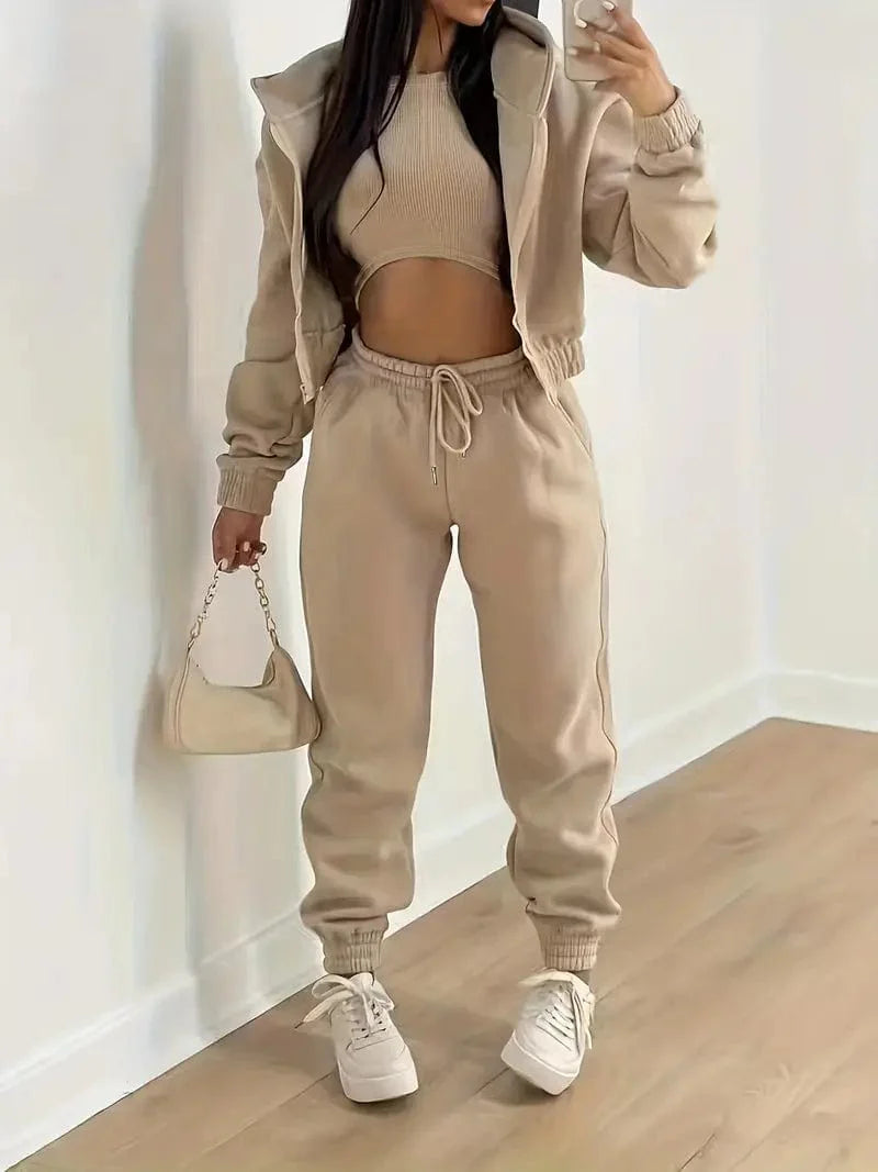 Casual Three-piece Matching Set with Hooded Zip-Up Jacket, Sleeveless Tank Top, and Elastic Waist Jogger Pants - Women's Fashion
