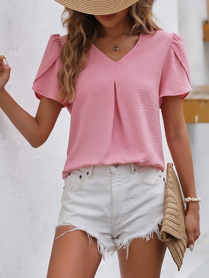 Casual V-neck chiffon puff sleeve top for women
