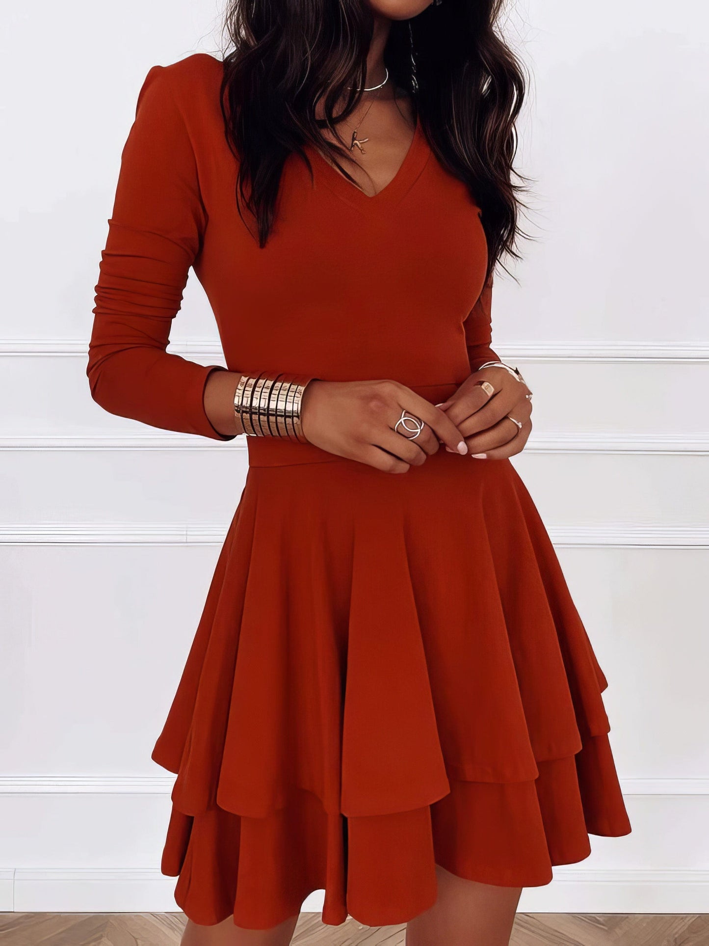 Casual V-Neck Long Sleeve Commuter Dress