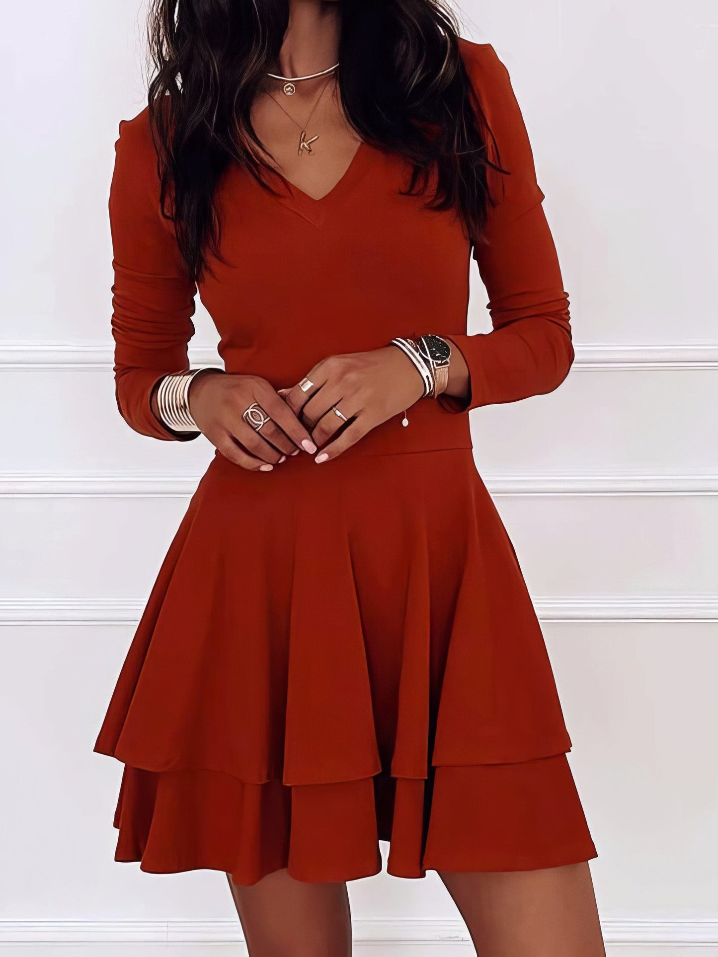 Casual V-Neck Long Sleeve Commuter Dress