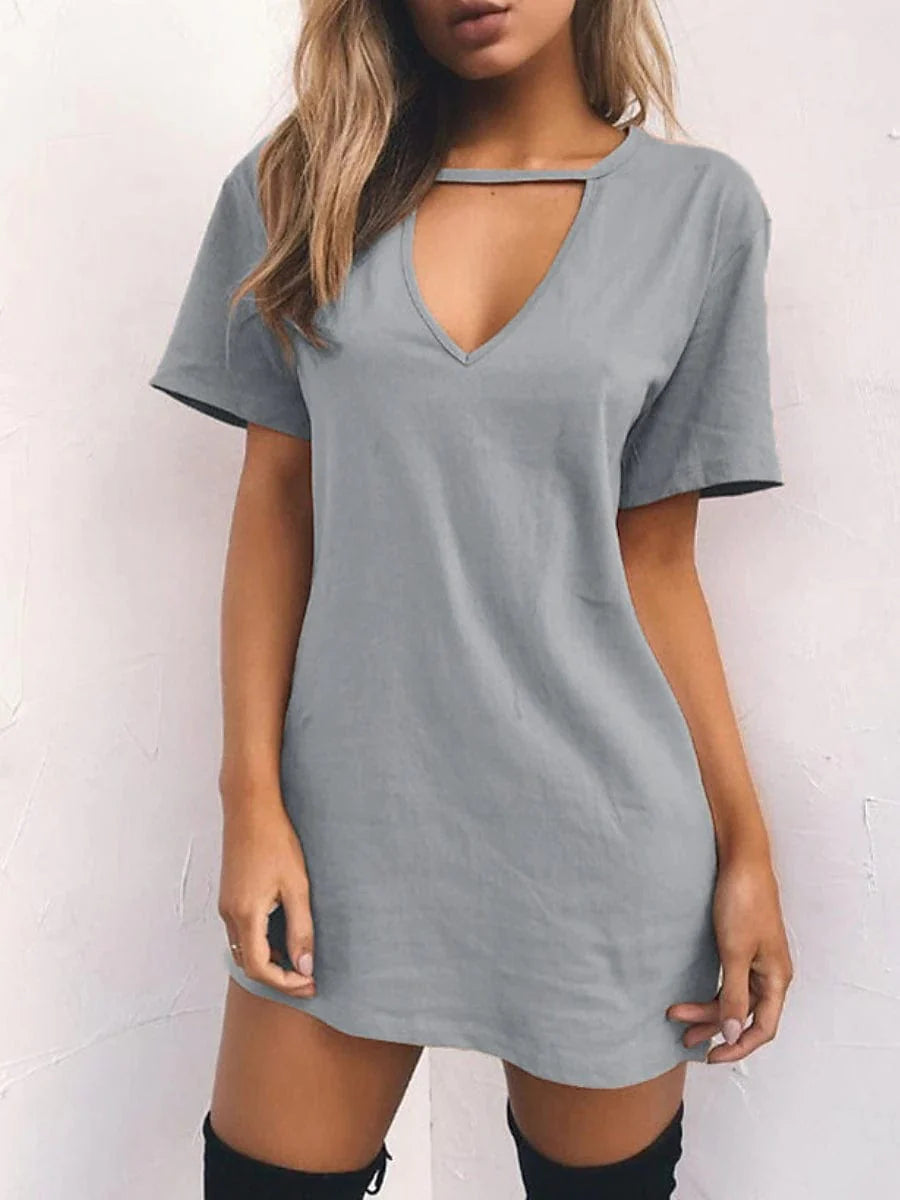 Casual V-Neck T-Shirt Dress for Women - Short Sleeve Loose Fit Mini Dress