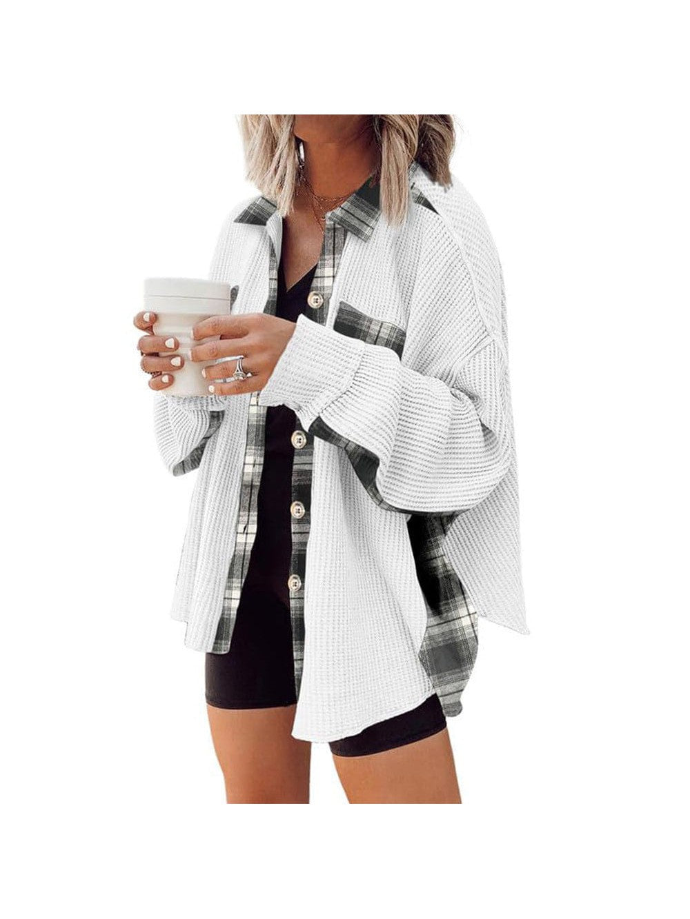 Casual women's checked boyfriend shirt with loose casual waffle knit jacket