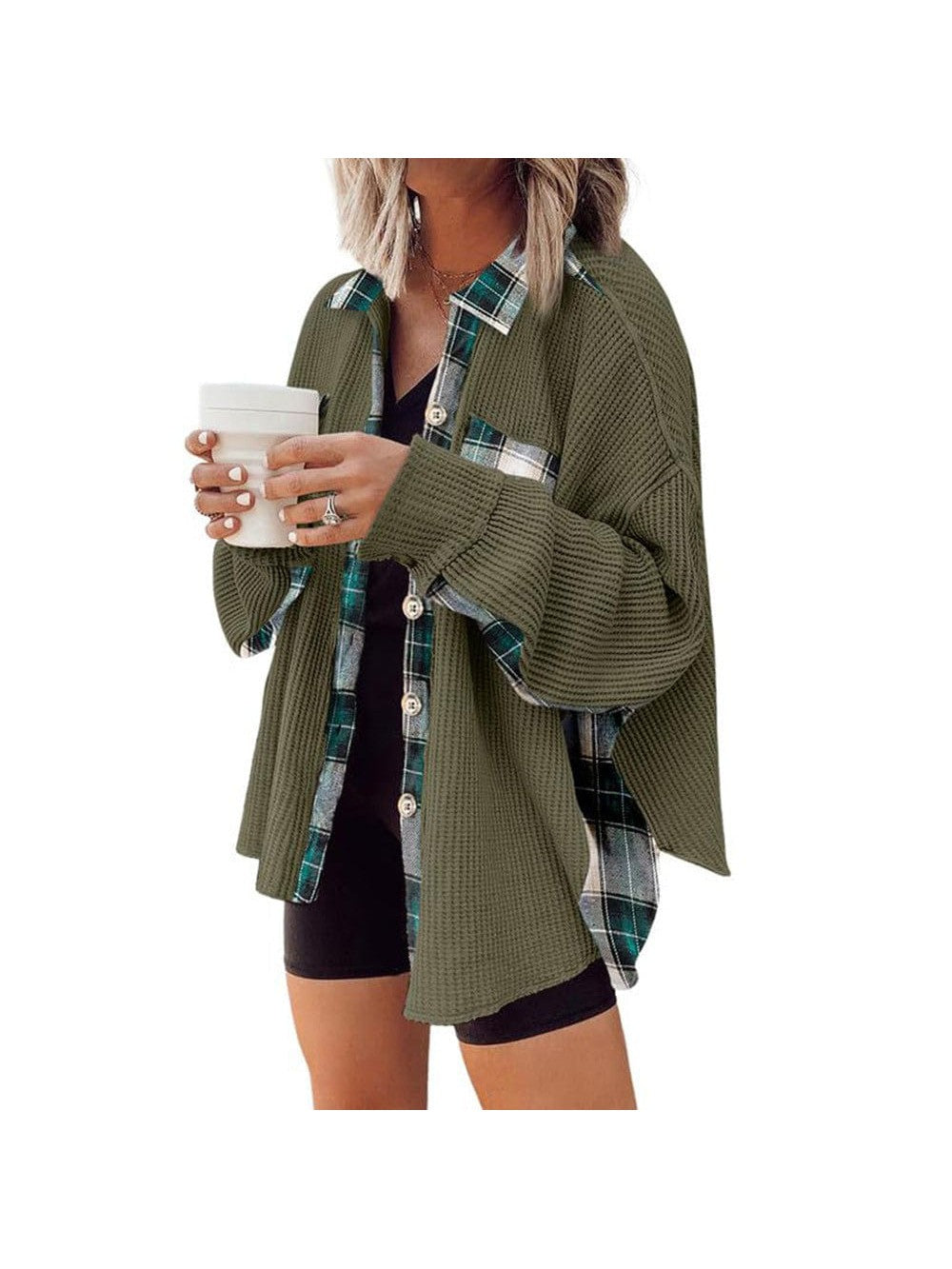 Casual women's checked boyfriend shirt with loose casual waffle knit jacket