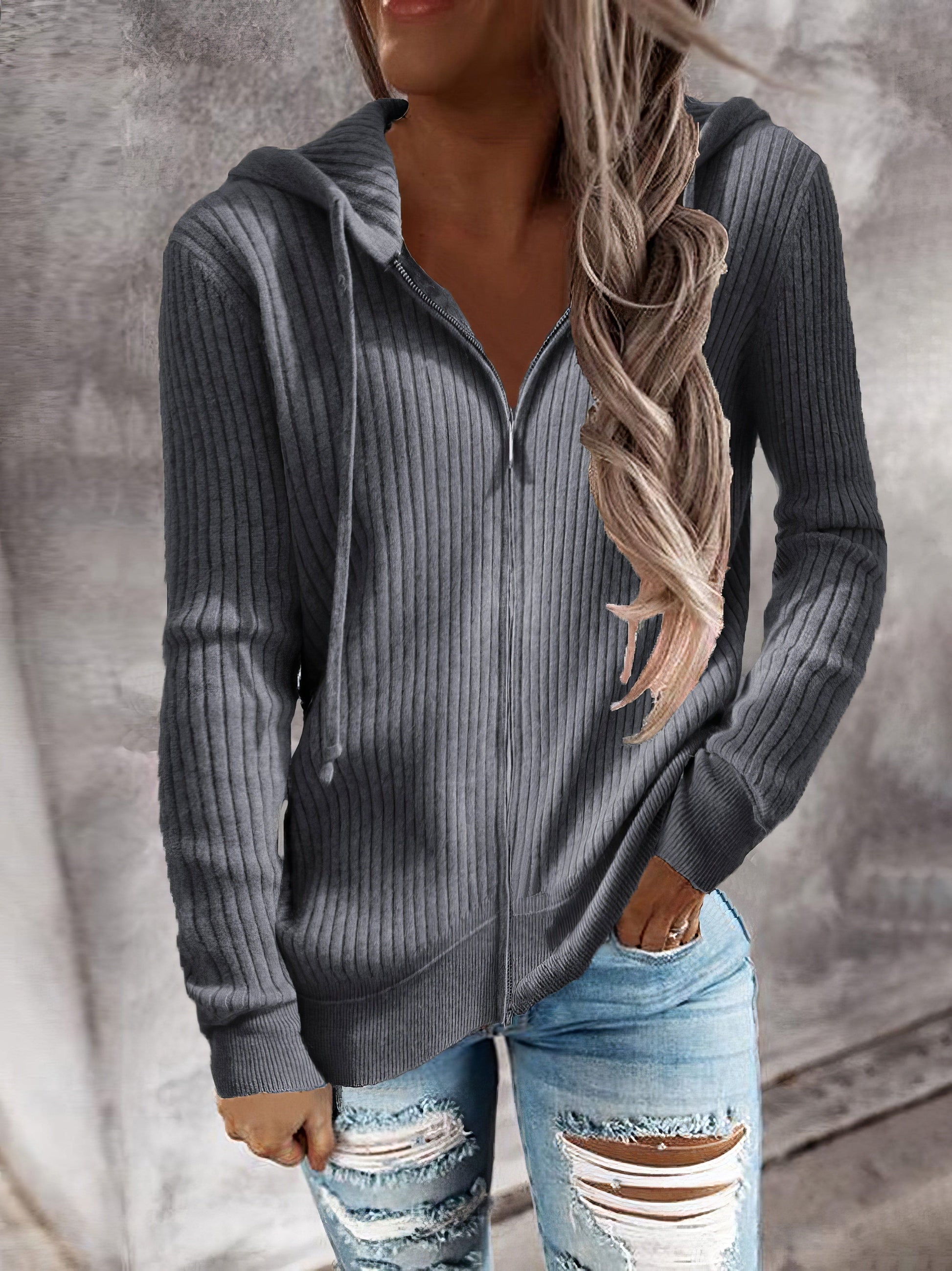 Casual Zip Cardigan Long Sleeve Knit Hoodie - Shirt - Drop Shoulder - V-Neck - Closed - Jewel