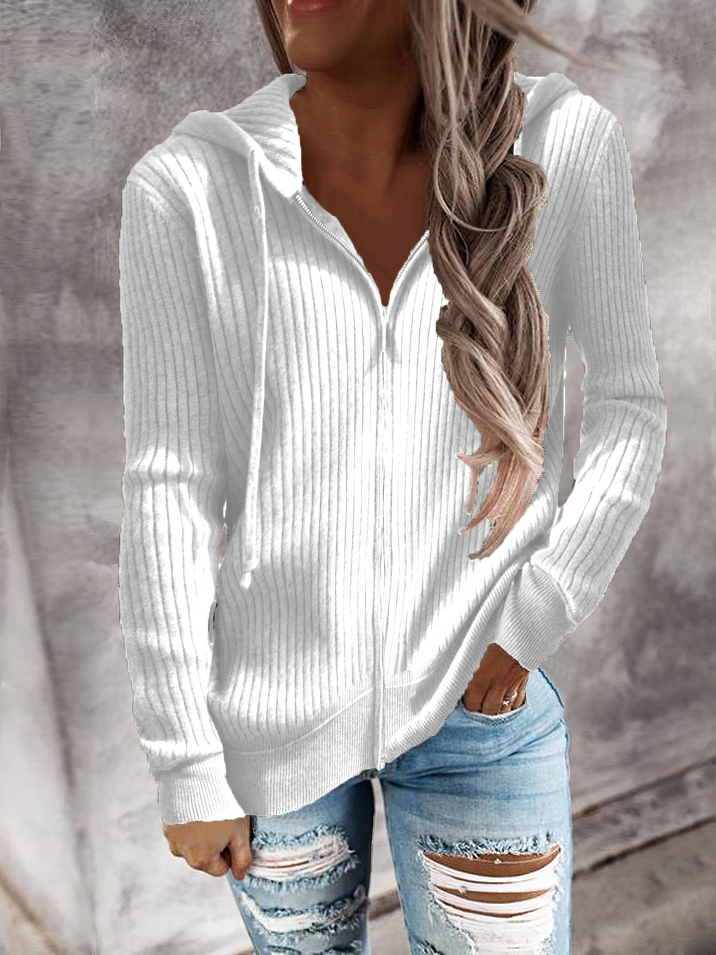 Casual Zip Cardigan Long Sleeve Knit Hoodie - Shirt - Drop Shoulder - V-Neck - Closed - Jewel