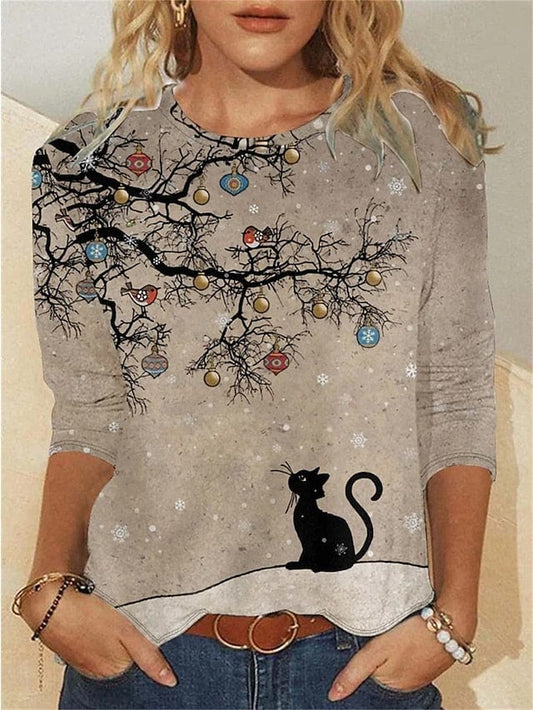 Cat and Bird Print Long Sleeve Women's T-shirt for Weekend and Holiday