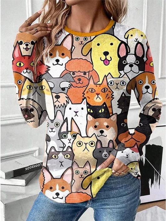 Cat and Dog Print Women's Long Sleeve T-Shirt