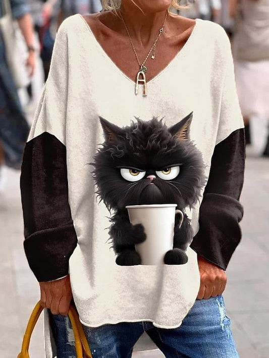 Cat Lover's Oversized Graphic Print Sweatshirt for Women