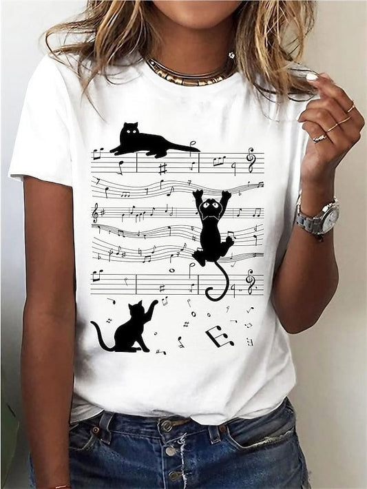 Cat Music Print Women's Short Sleeve T-Shirt