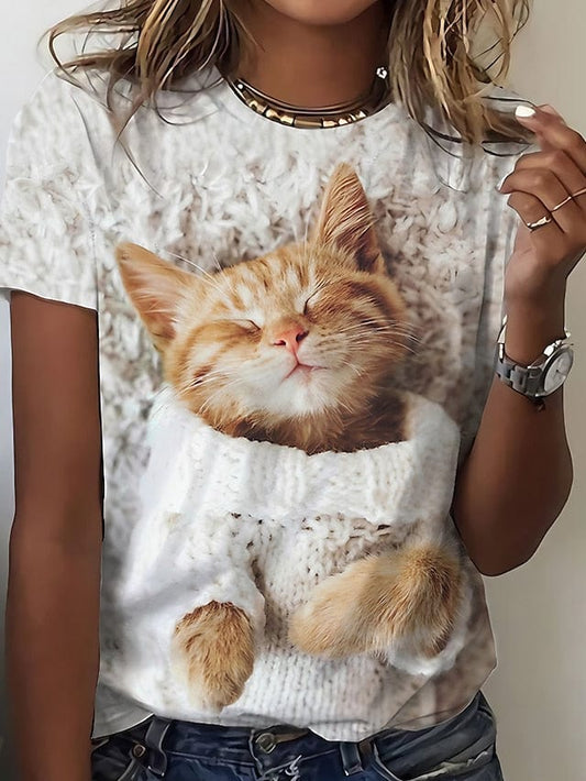 Cat Print 3D Custom Women's White T-shirt - Short Sleeve Regular Fit