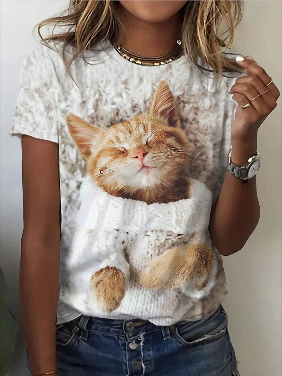 Cat Print 3D Custom Women's White T-shirt - Short Sleeve Regular Fit