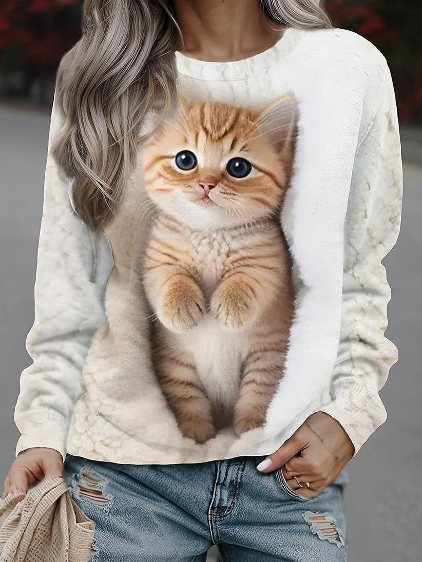 Cat Print Sweatshirt Pullover - White/Yellow/Gray