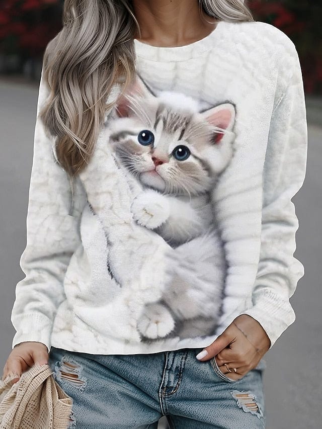 Cat Print Sweatshirt Pullover - White/Yellow/Gray