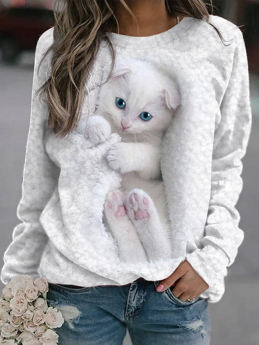 Cat Print Women's Sweatshirt Pullover for Fall & Winter Casual Wear