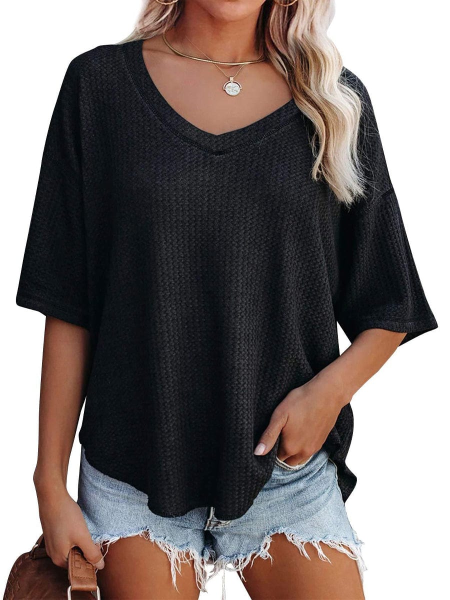 Causual Waffle Knit Loose Tunic V Neck Short Sleeve Blouse