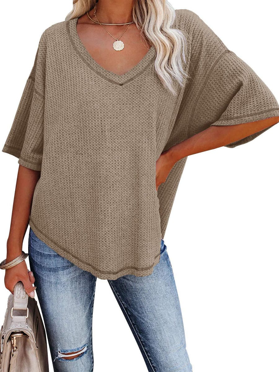 Causual Waffle Knit Loose Tunic V Neck Short Sleeve Blouse