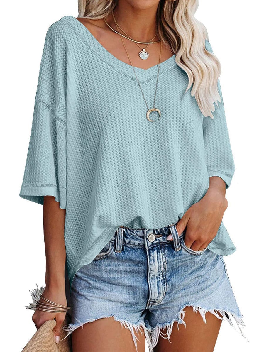 Causual Waffle Knit Loose Tunic V Neck Short Sleeve Blouse