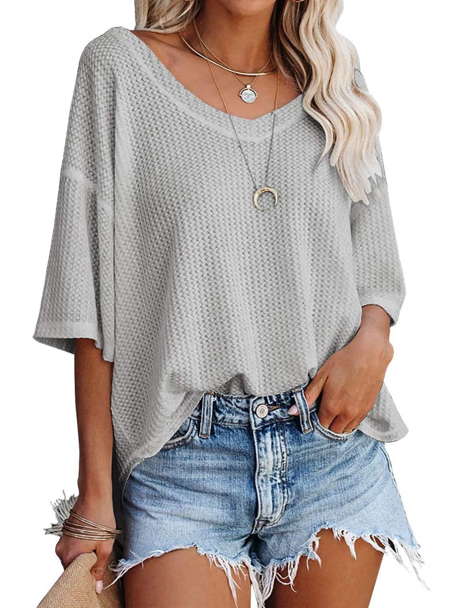 Causual Waffle Knit Loose Tunic V Neck Short Sleeve Blouse