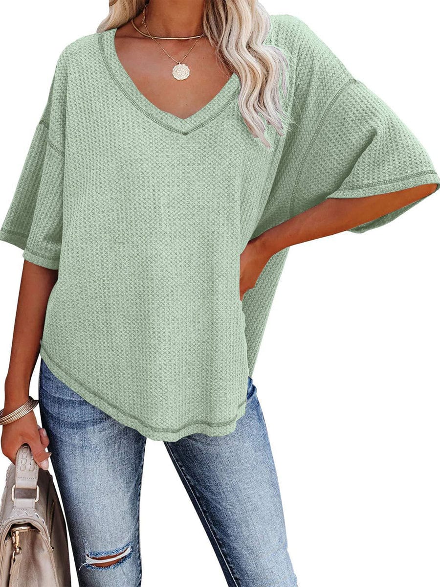 Causual Waffle Knit Loose Tunic V Neck Short Sleeve Blouse