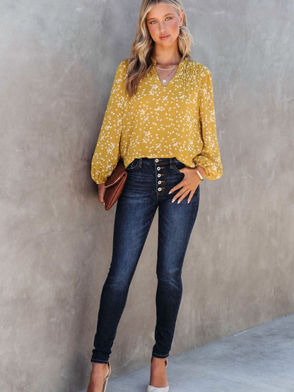 Yellow Floral V-Neck Crinkled Blouse for Early Fall