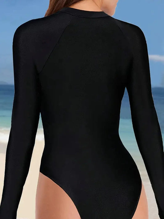 Long Sleeve One-Piece Swimsuit with Half Zipper for Women, Sun Protection for Surfing and Water Sports
