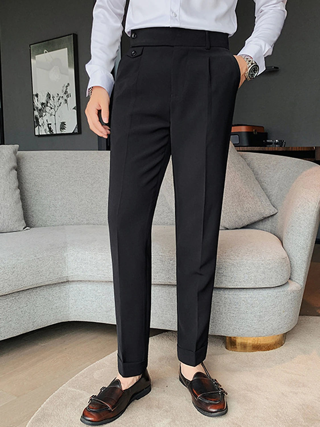 Elegant Vintage Pleated Dress Trousers for Men - Comfortable Black and White Suit Pants for Outdoor and Daily Wear