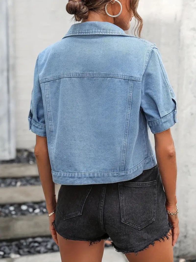 Short Sleeve Denim Cropped Jacket with Lapel and Pockets, Women's Denim Outerwear