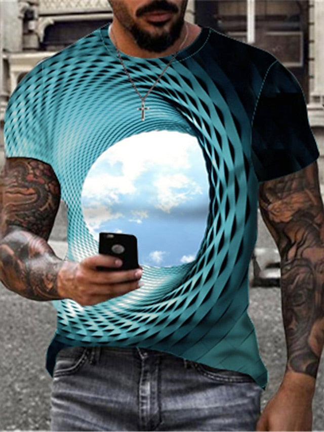 3D Clouds Illusion Men's Tee | Blue Geometric Summer Shirt | Round Neck Cotton Street Fashion