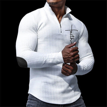 3D Waffle Men's Polo Shirt with Zip Detail - Black & White Streetwear Polo for Fall & Winter