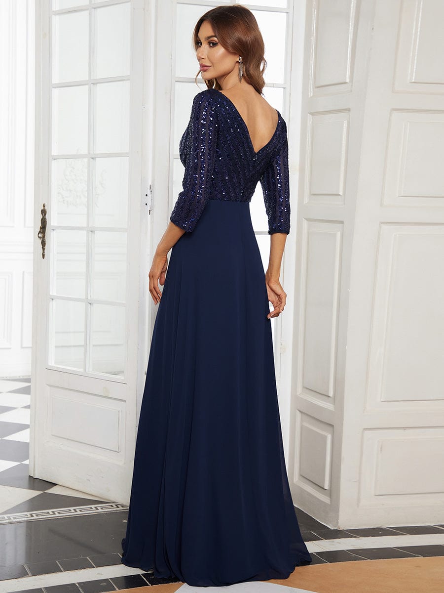 Chic A-Line Evening Dress with Sequin Detail and 3/4 Sleeves