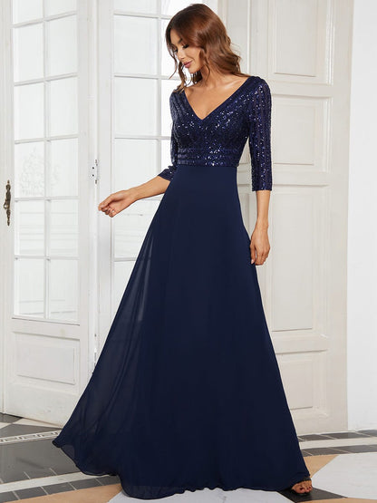 Chic A-Line Evening Dress with Sequin Detail and 3/4 Sleeves