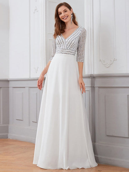 Chic A-Line Evening Dress with Sequin Detail and 3/4 Sleeves