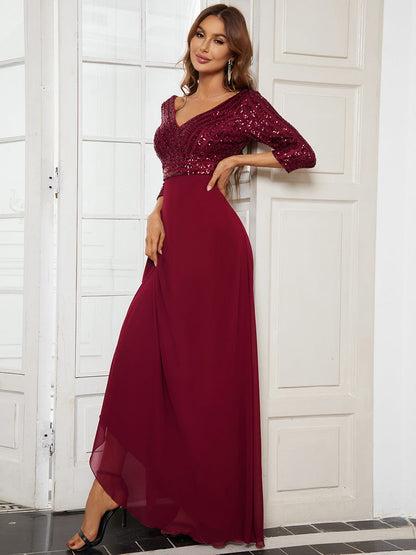 Chic A-Line Evening Dress with Sequin Detail and 3/4 Sleeves