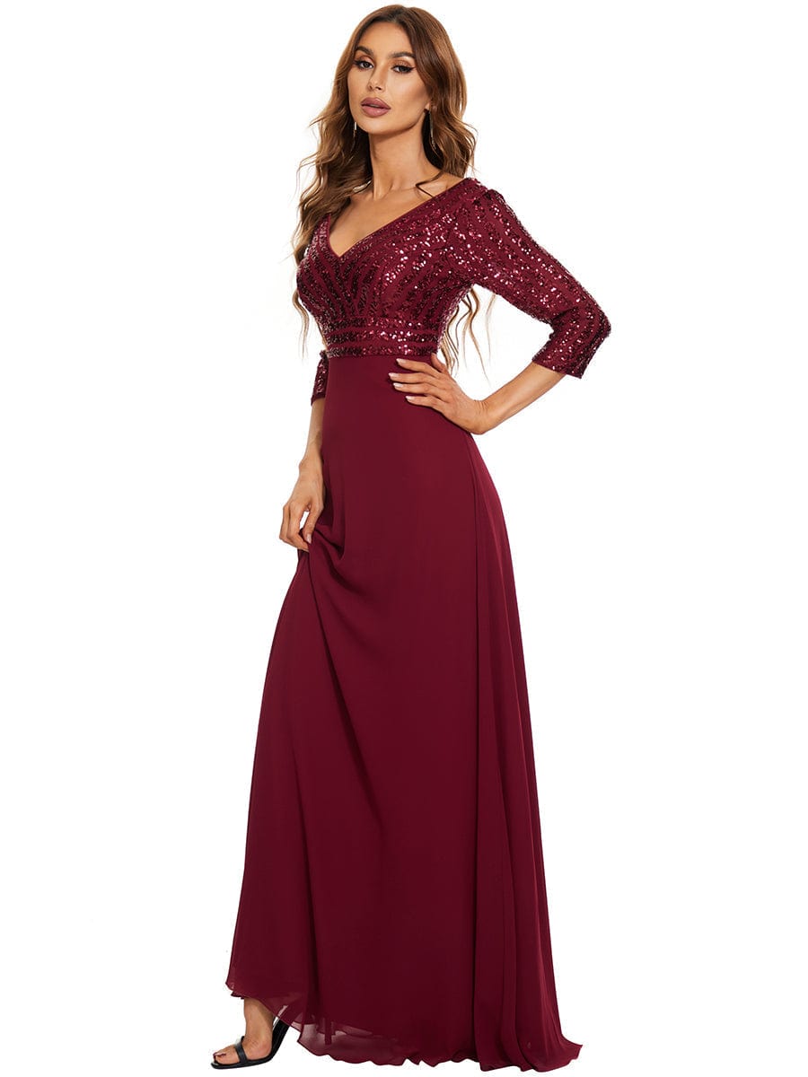 Chic A-Line Evening Dress with Sequin Detail and 3/4 Sleeves