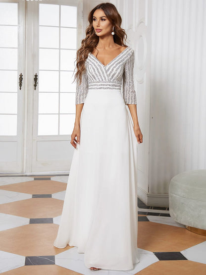 Chic A-Line Evening Dress with Sequin Detail and 3/4 Sleeves