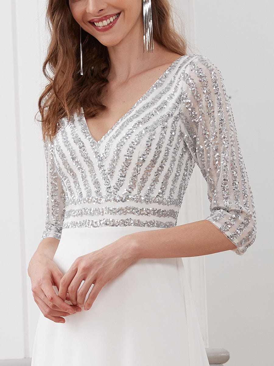 Chic A-Line Evening Dress with Sequin Detail and 3/4 Sleeves