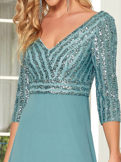 Chic A-Line Evening Dress with Sequin Detail and 3/4 Sleeves