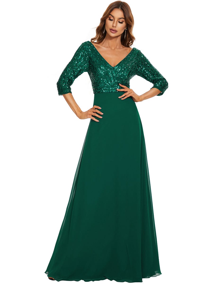 Chic A-Line Evening Dress with Sequin Detail and 3/4 Sleeves