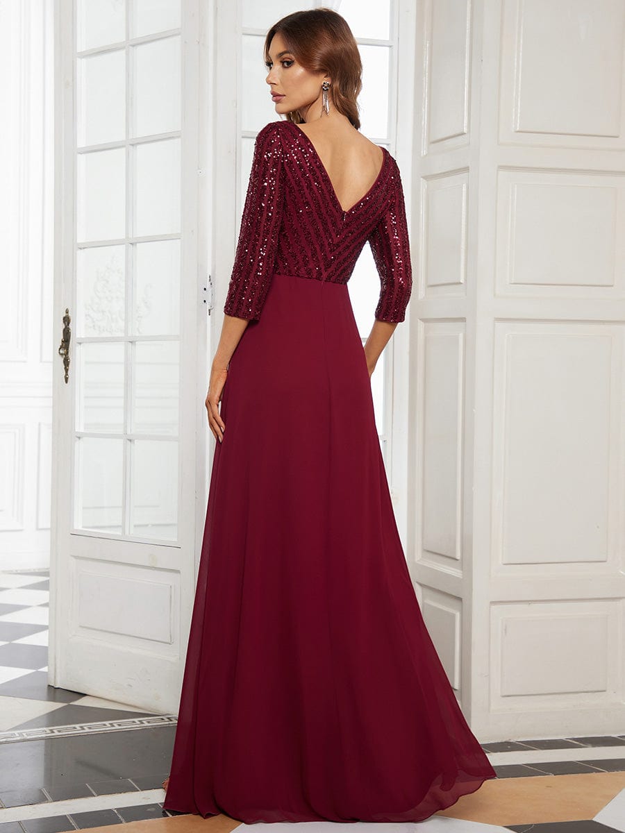 Chic A-Line Evening Dress with Sequin Detail and 3/4 Sleeves