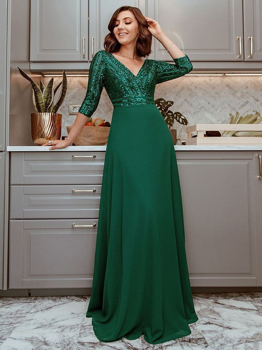 Elegant V-Neck A-Line Sequin Evening Gown with 3/4 Sleeves