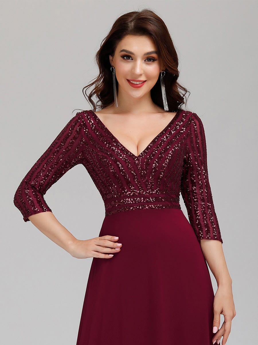 Chic A-Line Evening Dress with Sequin Detail and 3/4 Sleeves