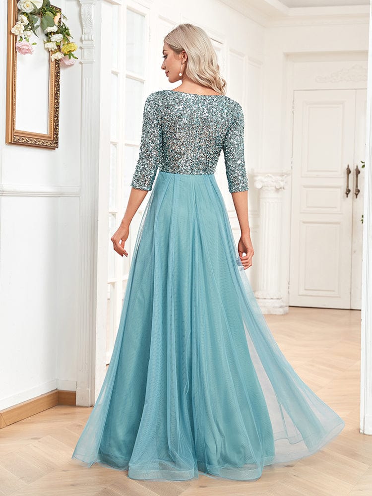 Chic Elegant Sequin V Neck Half Sleeve Waist Evening Gown Dress