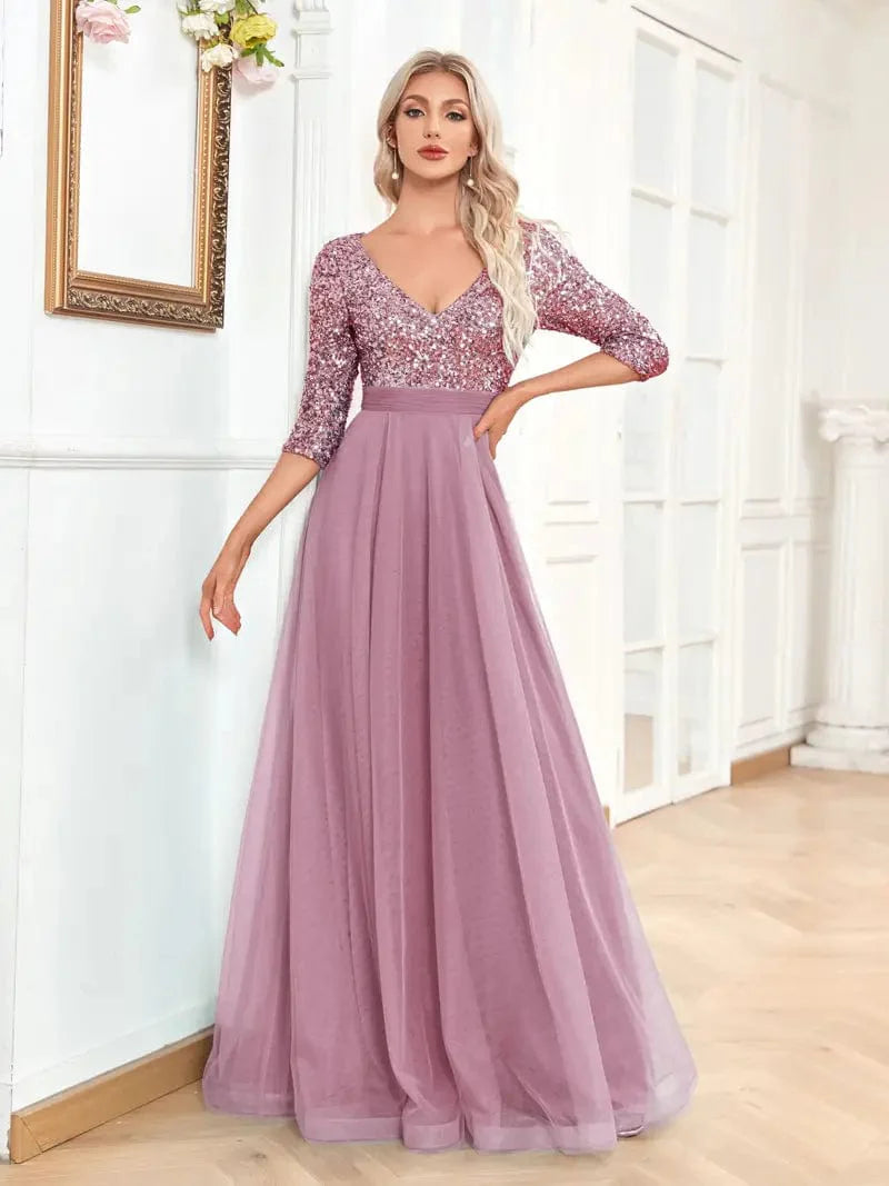 Chic Elegant Sequin V Neck Half Sleeve Waist Evening Gown Dress
